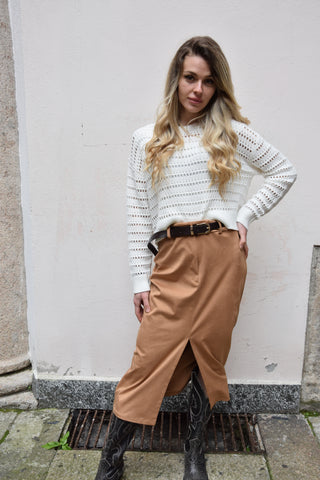 GONNA LONGUETTE DAINETTO BEIGE CON CINTURA MARRONE